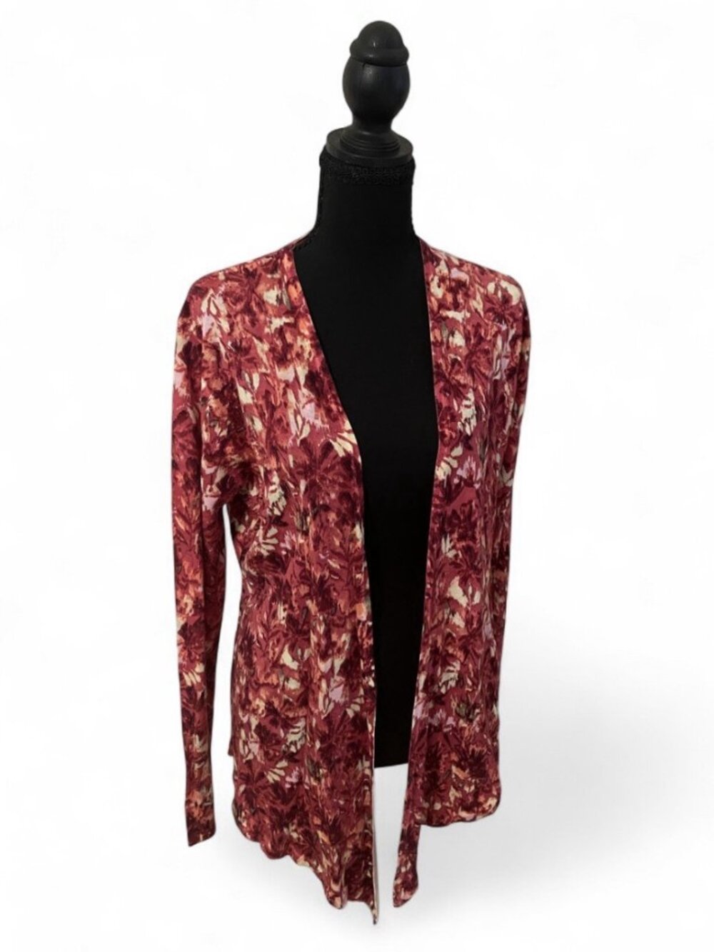 NWT Garnet Hill Cardigan Red Pink Open Front 100% Merino Wool Sweater Classic, L